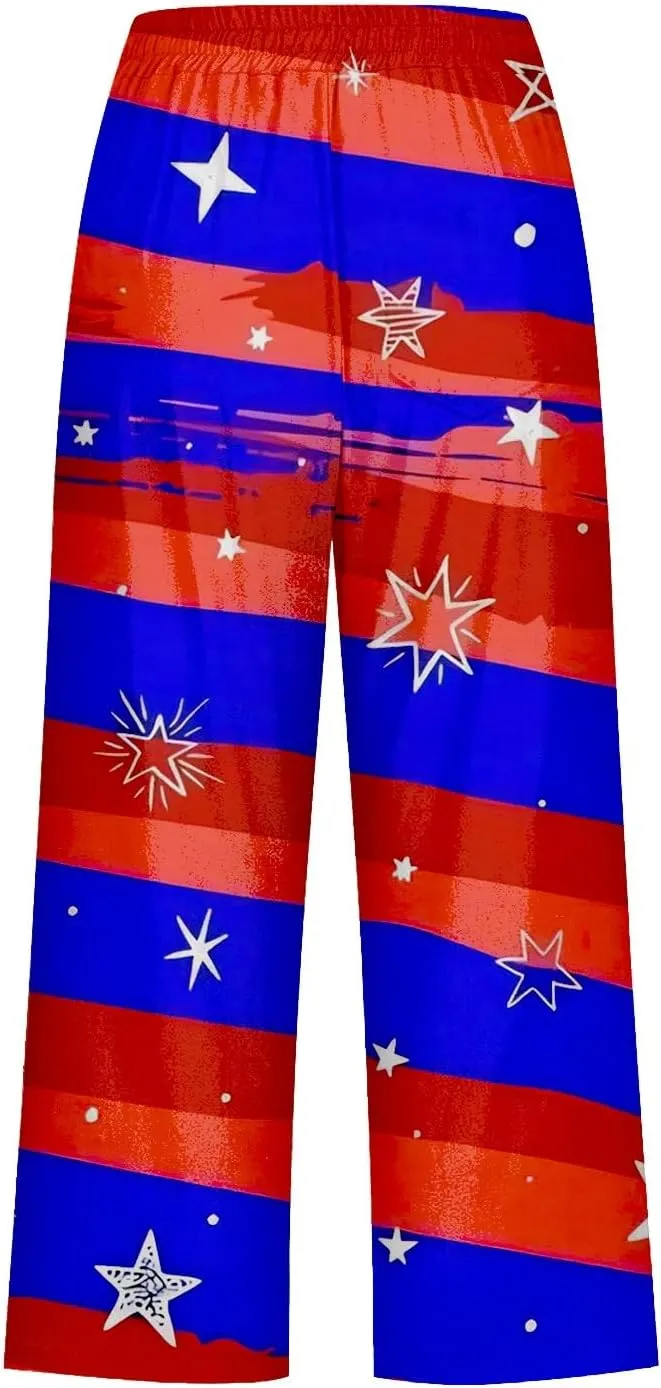 4th of July Linen Capri Pants for Women American Flag Casual Summer Capris Drawstring High Waist Cropped Trousers
