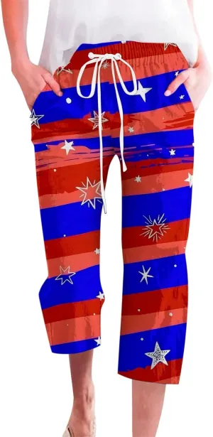 4th of July Linen Capri Pants for Women American Flag Casual Summer Capris Drawstring High Waist Cropped Trousers
