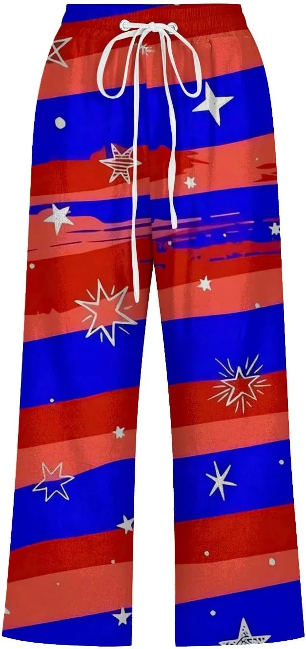4th of July Linen Capri Pants for Women American Flag Casual Summer Capris Drawstring High Waist Cropped Trousers