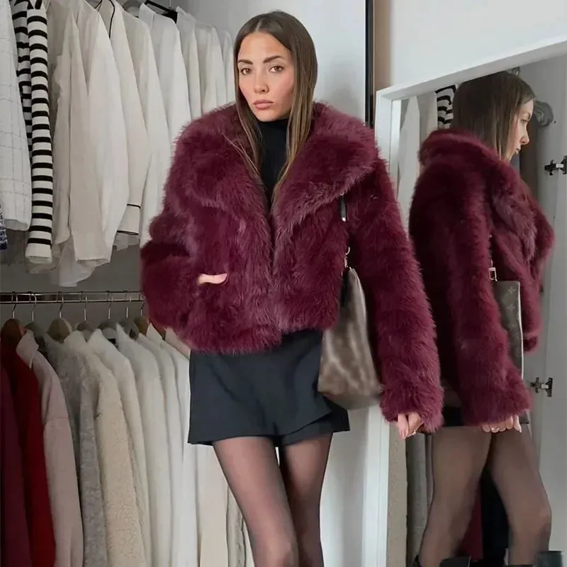 Burgundy Faux Fur Coat Vintage Long Sleeve Furry Warm Jackets