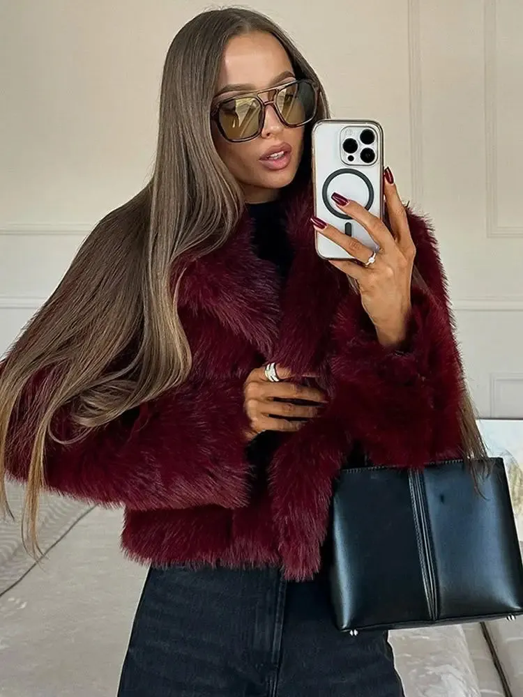 Burgundy Faux Fur Coat Vintage Long Sleeve Furry Warm Jackets