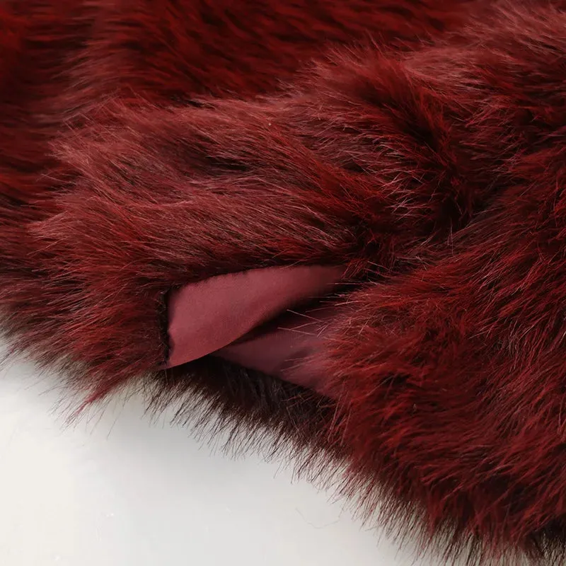 Burgundy Faux Fur Coat Vintage Long Sleeve Furry Warm Jackets