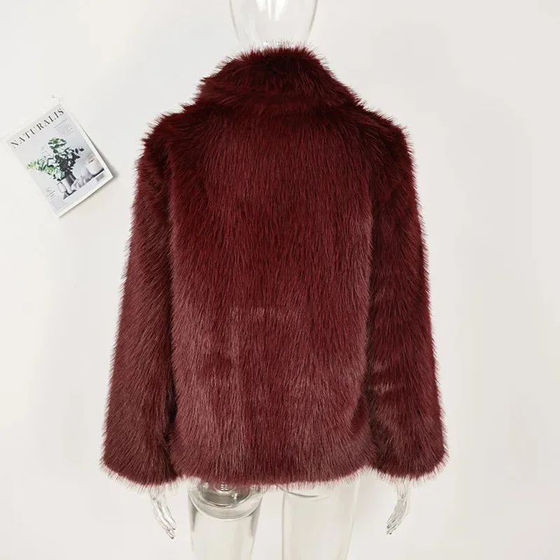 Burgundy Faux Fur Coat Vintage Long Sleeve Furry Warm Jackets