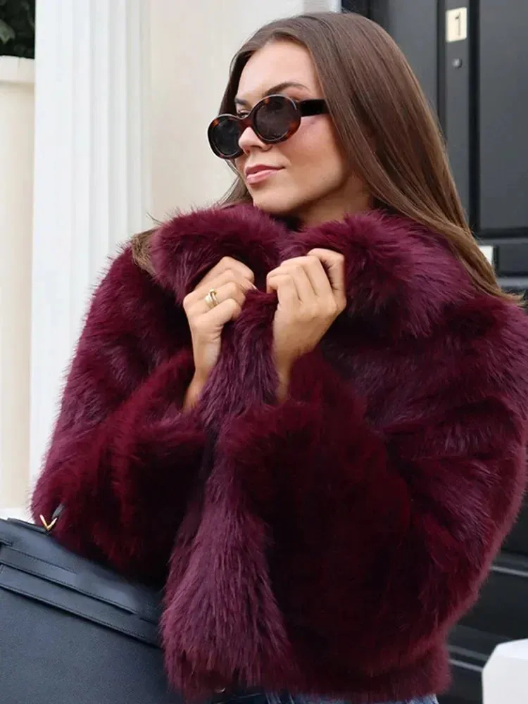 Burgundy Faux Fur Coat Vintage Long Sleeve Furry Warm Jackets
