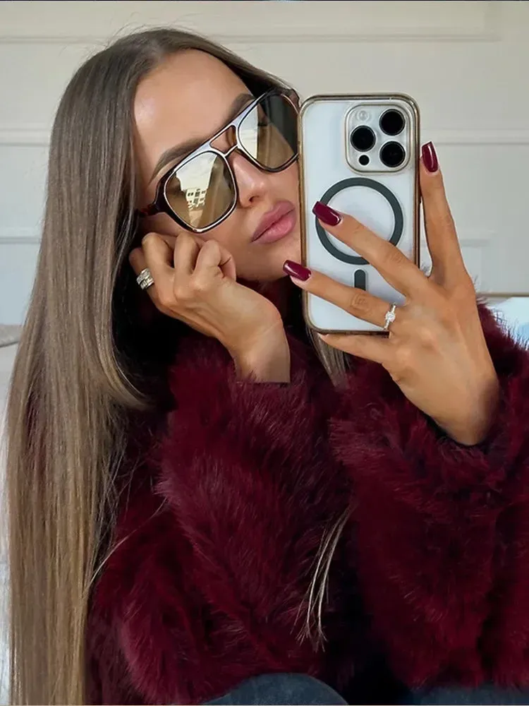 Burgundy Faux Fur Coat Vintage Long Sleeve Furry Warm Jackets