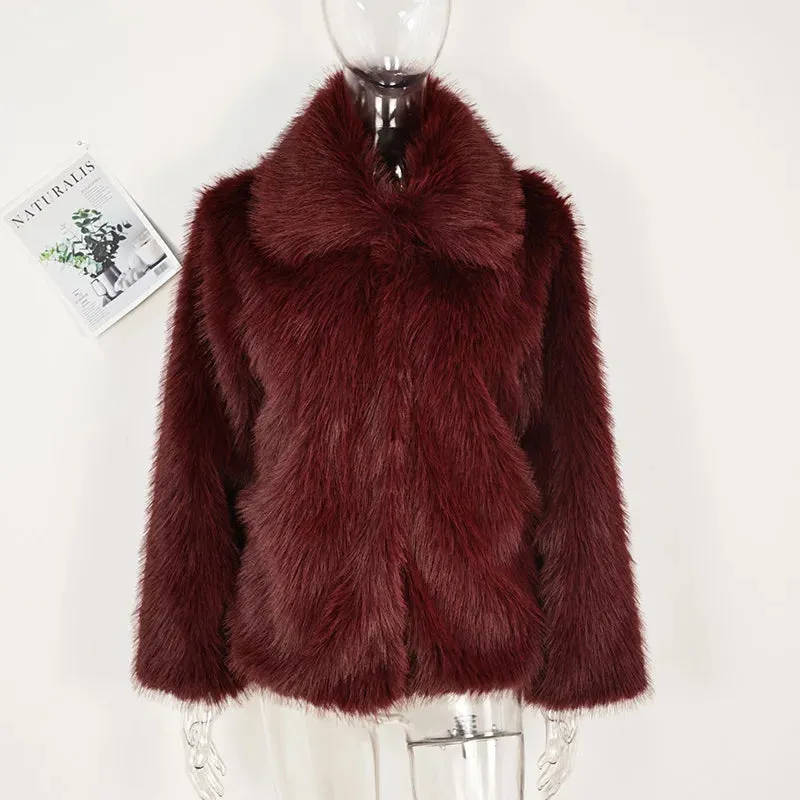 Burgundy Faux Fur Coat Vintage Long Sleeve Furry Warm Jackets