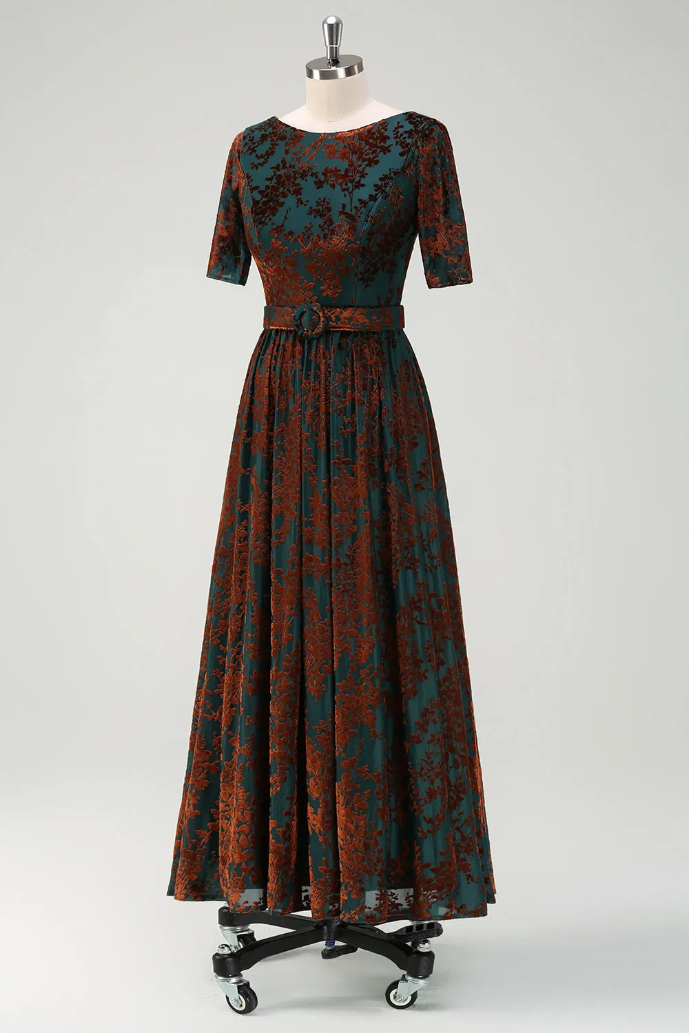 Dark Green Pleated Velvet Burnout Wedding Guest Dress with Short Sleeves