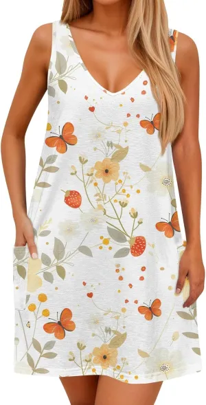 Dresses for Women 2025 Summer Floral Mini Dress V Neck Flowy Dresses Beach Sundress with Pockets