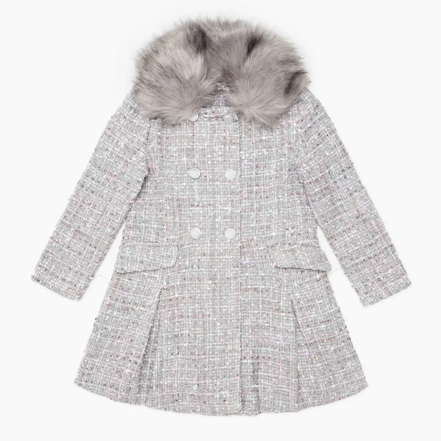 Girls Grey Fur Trim Woollen Coat