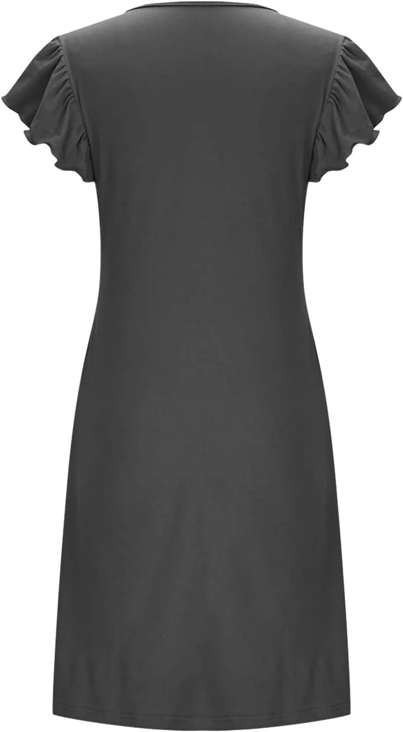 jsaierl Women Dresses Ruffle Sleeve V Neck Pleated Mini Dress Summer Loose A Line High Waisted Dress Vacation Beach Dress