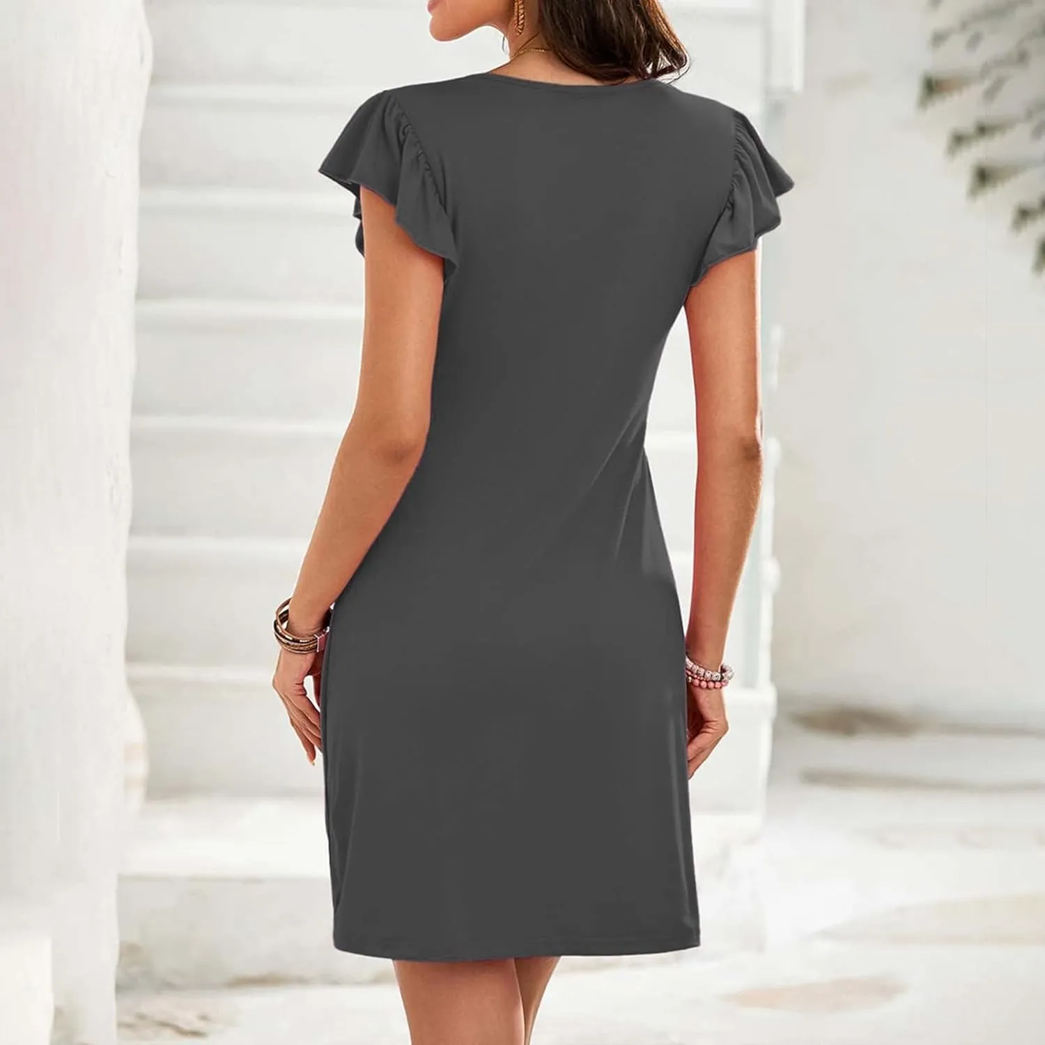 jsaierl Women Dresses Ruffle Sleeve V Neck Pleated Mini Dress Summer Loose A Line High Waisted Dress Vacation Beach Dress
