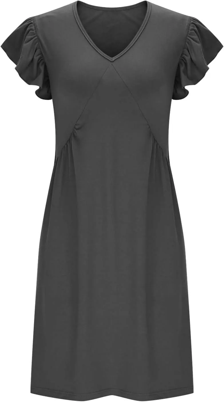jsaierl Women Dresses Ruffle Sleeve V Neck Pleated Mini Dress Summer Loose A Line High Waisted Dress Vacation Beach Dress
