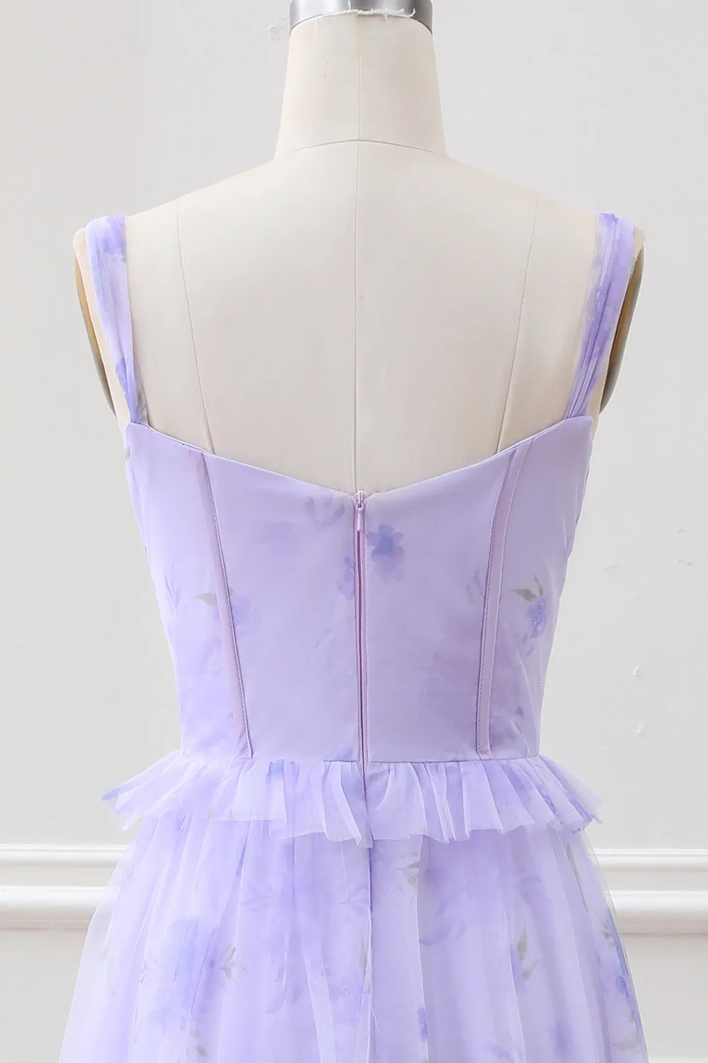 Lavender A Line Corset Spaghetti Straps Floral Tiered Maxi Dress