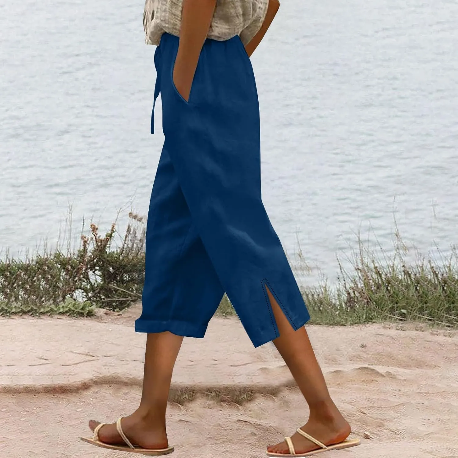Linen Capri Pants for Women Drawstring Elastic Waist Shorts Lightweight Summer Pants Beach Capri Pants with Pockets