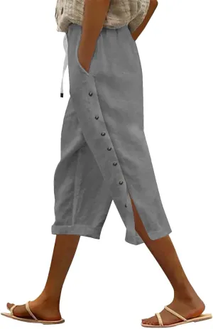 Linen Capri Pants for Women Drawstring Elastic Waist Shorts Lightweight Summer Pants Beach Capri Pants with Pockets