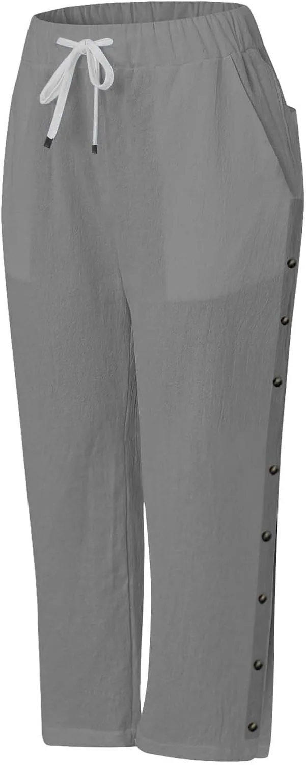 Linen Capri Pants for Women Drawstring Elastic Waist Shorts Lightweight Summer Pants Beach Capri Pants with Pockets