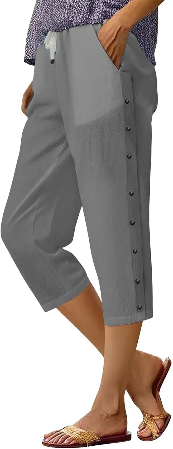 Linen Capri Pants for Women Drawstring Elastic Waist Shorts Lightweight Summer Pants Beach Capri Pants with Pockets