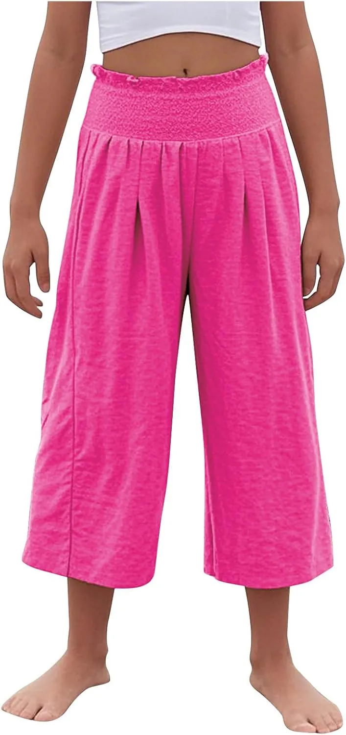 Linen Capris for Girls Summer Casual Palazzo Smocked High Waist Wide Leg Capris Travel Vacation Pants with Pockets