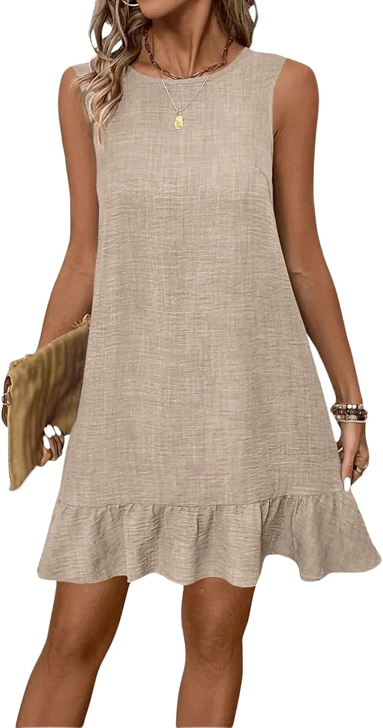 Linen Dress for Women Ruffle Hem Sleeveless Tank Dress Crewneck Loose Shift Mini Dresses
