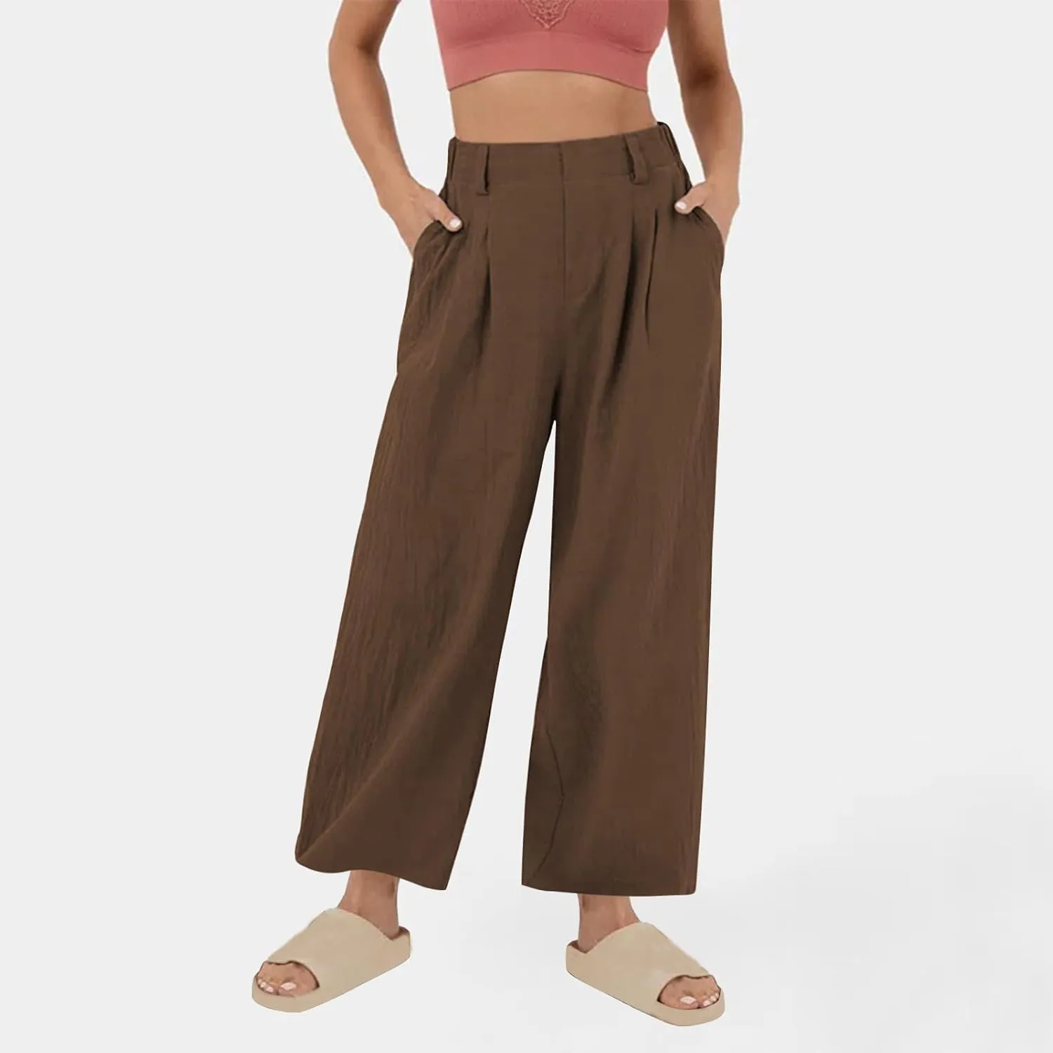 Linen Pants for Women Summer Trendy Loose Fit Wide Leg Pants Fashion High Waisted Straight Leg Trousers with Pockets