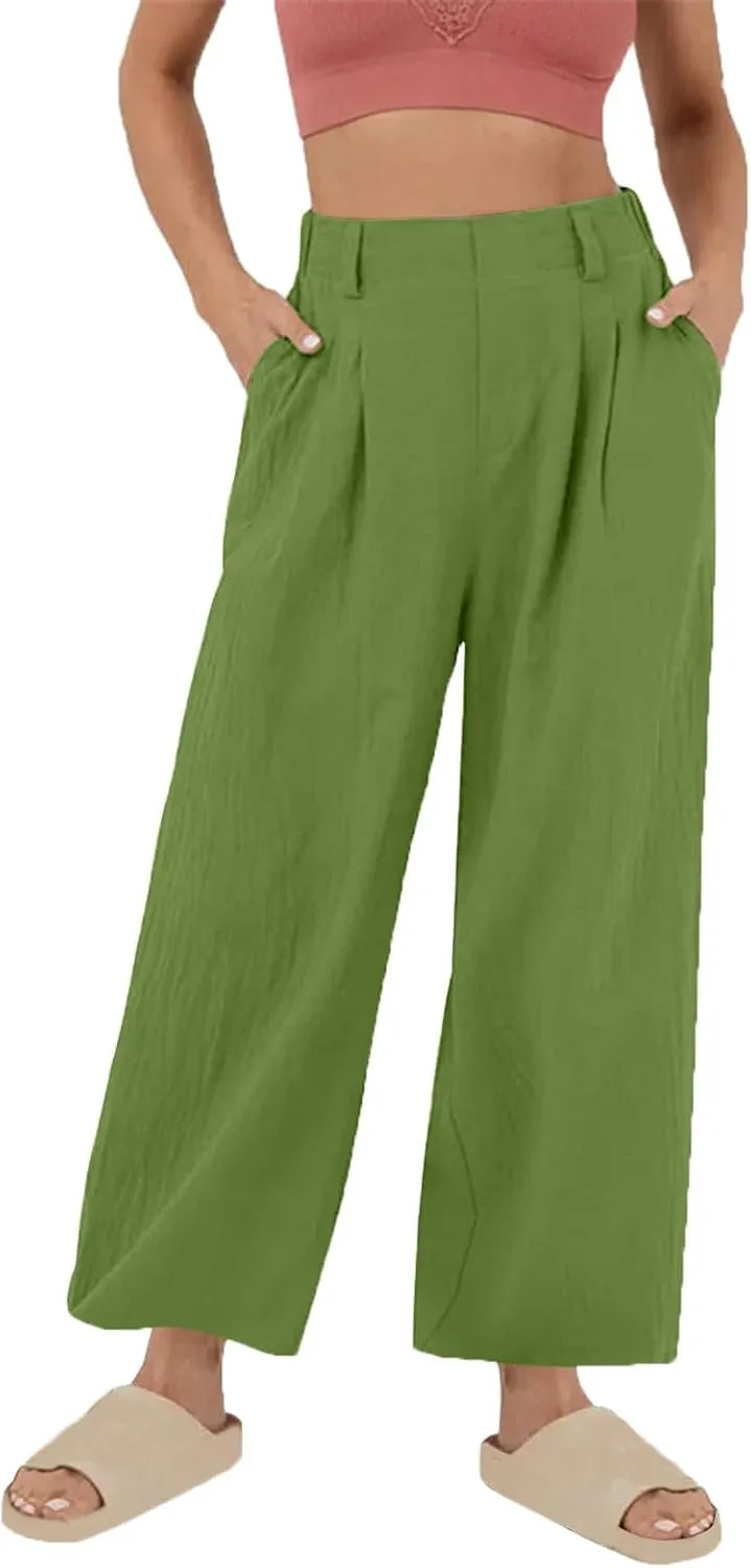 Linen Pants for Women Summer Trendy Loose Fit Wide Leg Pants Fashion High Waisted Straight Leg Trousers with Pockets