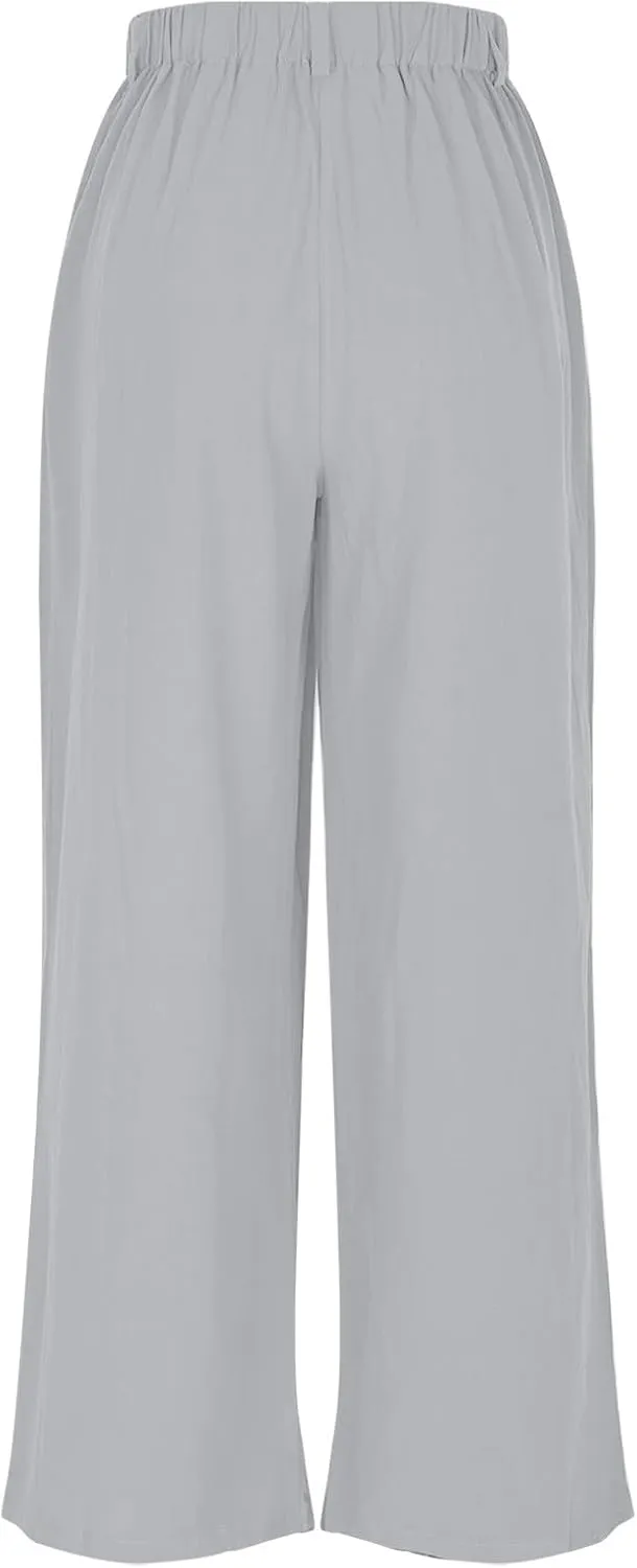 Linen Pants for Women Summer Trendy Loose Fit Wide Leg Pants Fashion High Waisted Straight Leg Trousers with Pockets