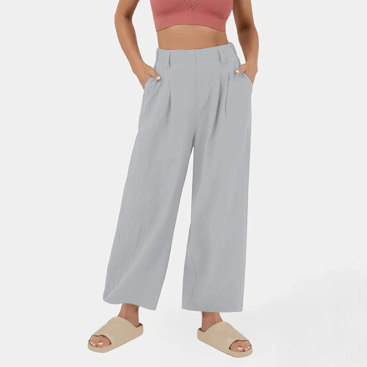 Linen Pants for Women Summer Trendy Loose Fit Wide Leg Pants Fashion High Waisted Straight Leg Trousers with Pockets