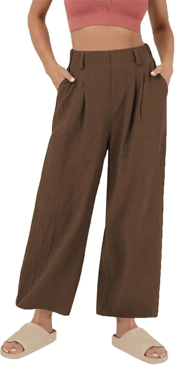 Linen Pants for Women Summer Trendy Loose Fit Wide Leg Pants Fashion High Waisted Straight Leg Trousers with Pockets