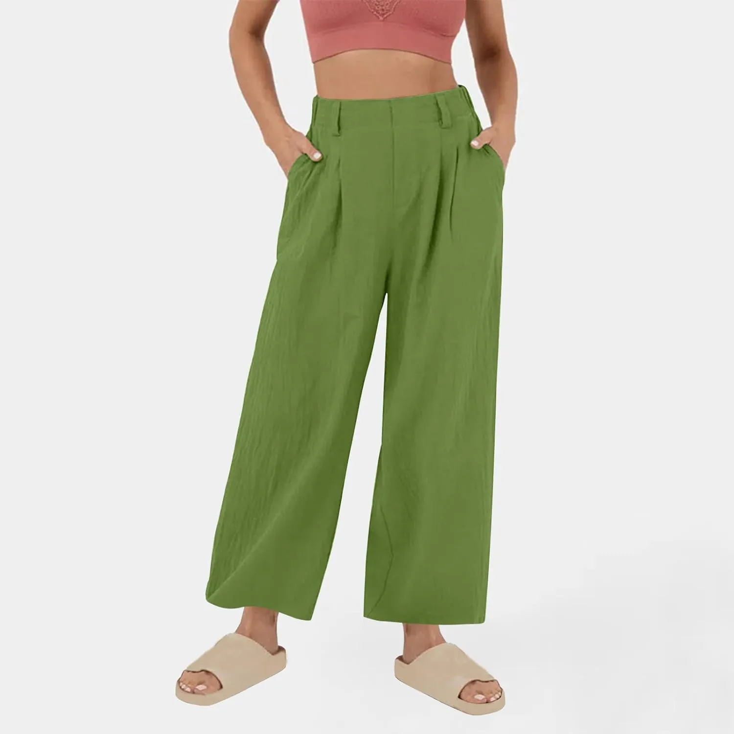 Linen Pants for Women Summer Trendy Loose Fit Wide Leg Pants Fashion High Waisted Straight Leg Trousers with Pockets