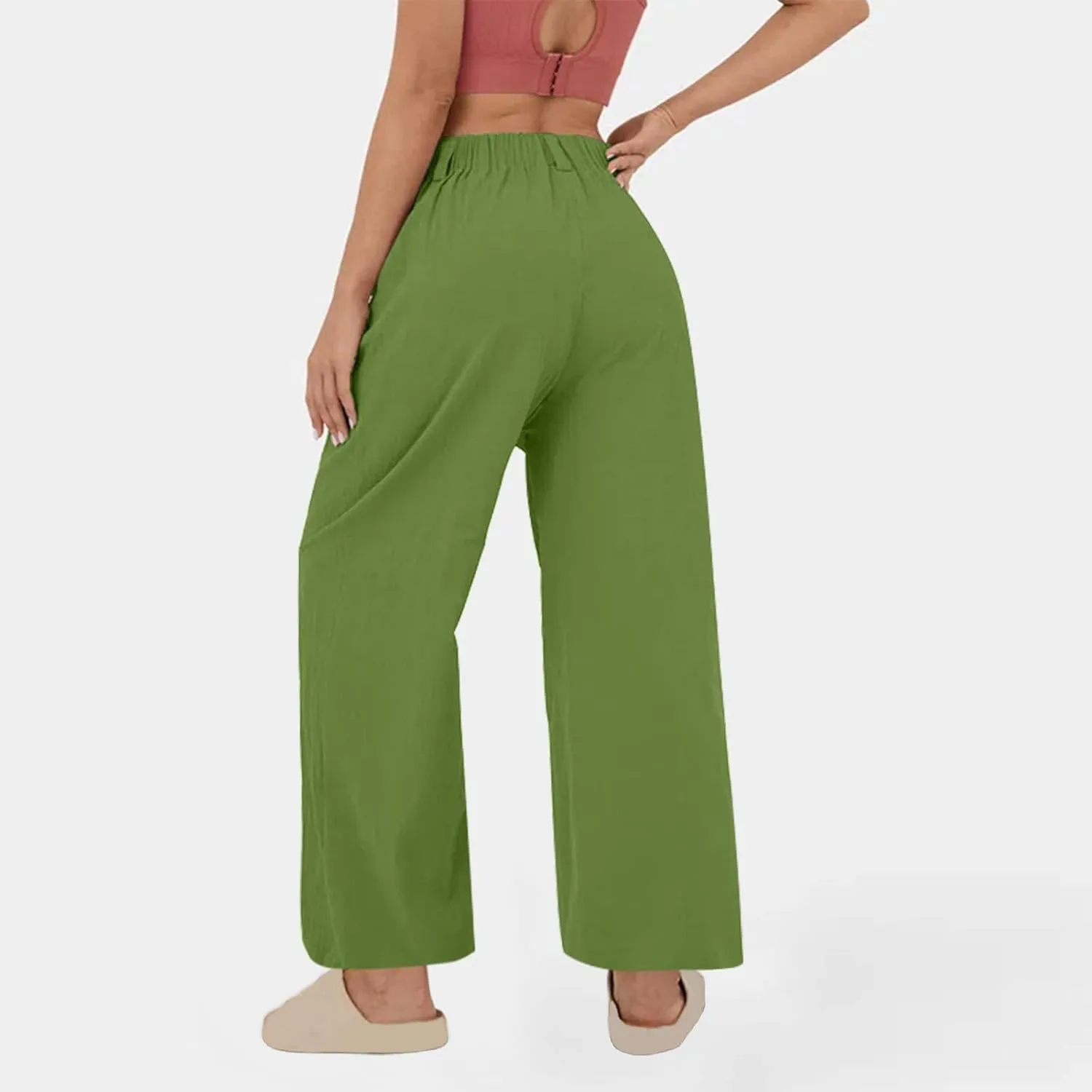 Linen Pants for Women Summer Trendy Loose Fit Wide Leg Pants Fashion High Waisted Straight Leg Trousers with Pockets