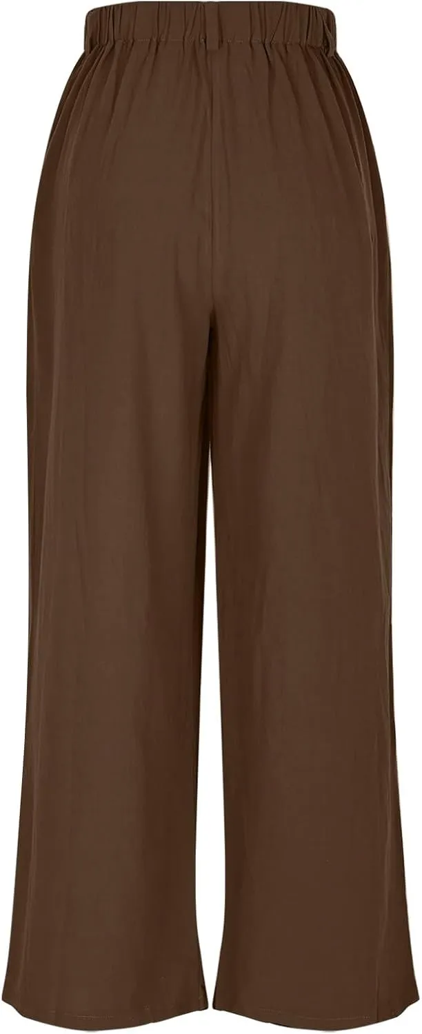 Linen Pants for Women Summer Trendy Loose Fit Wide Leg Pants Fashion High Waisted Straight Leg Trousers with Pockets