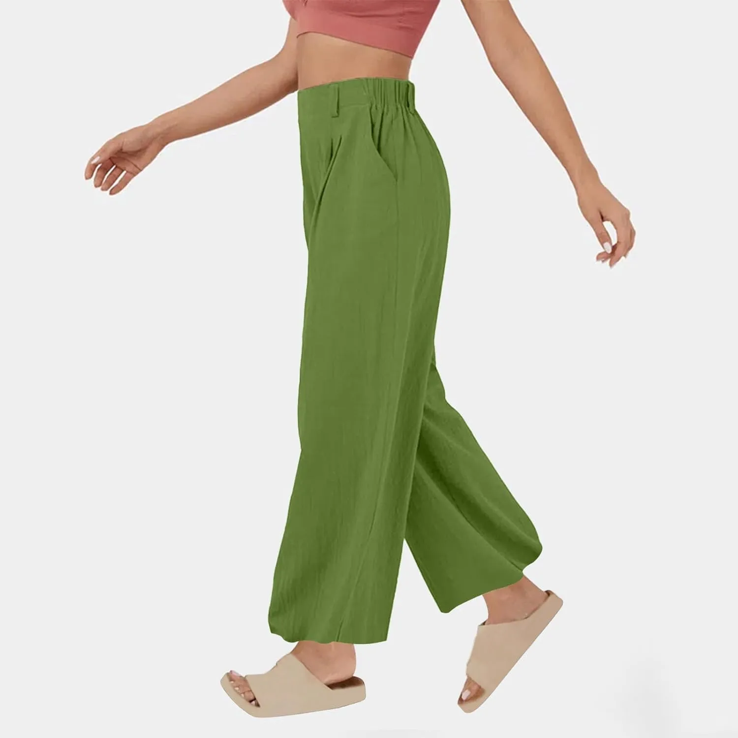 Linen Pants for Women Summer Trendy Loose Fit Wide Leg Pants Fashion High Waisted Straight Leg Trousers with Pockets