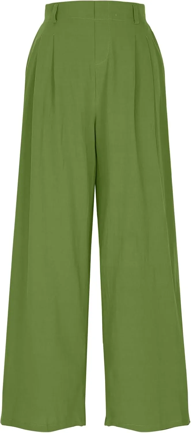Linen Pants for Women Summer Trendy Loose Fit Wide Leg Pants Fashion High Waisted Straight Leg Trousers with Pockets