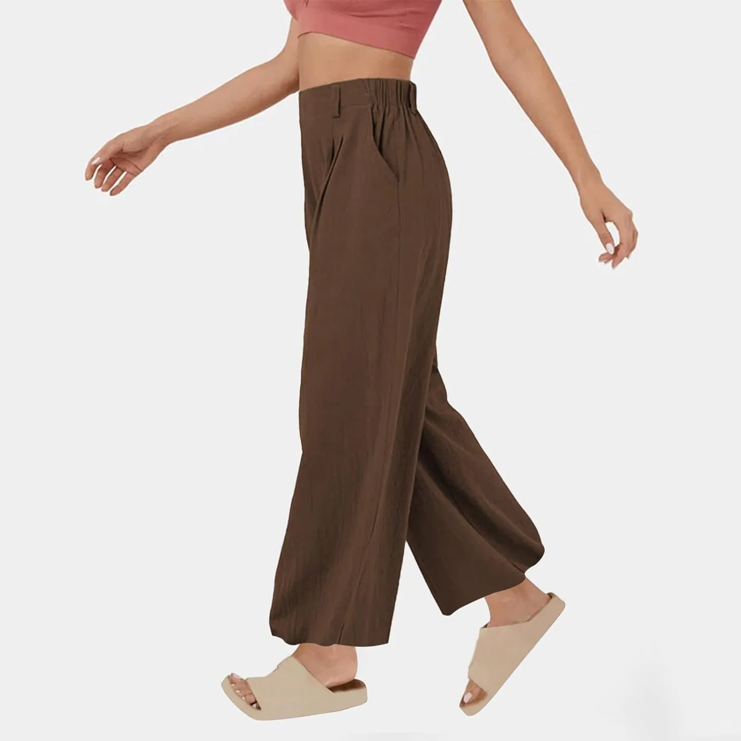 Linen Pants for Women Summer Trendy Loose Fit Wide Leg Pants Fashion High Waisted Straight Leg Trousers with Pockets