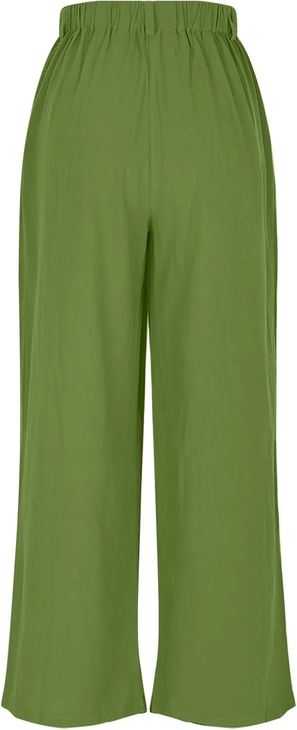 Linen Pants for Women Summer Trendy Loose Fit Wide Leg Pants Fashion High Waisted Straight Leg Trousers with Pockets