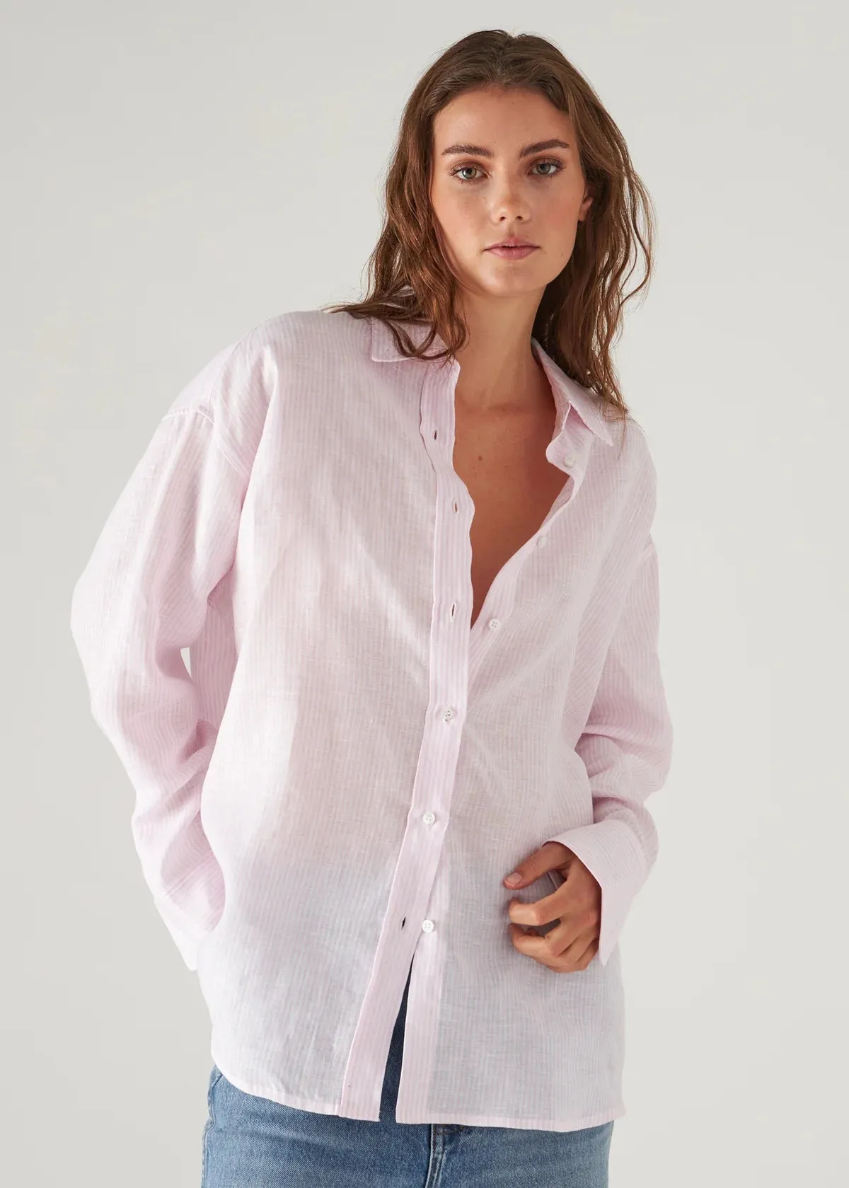 Linen Striped Boyfriend Shirt-Pixie