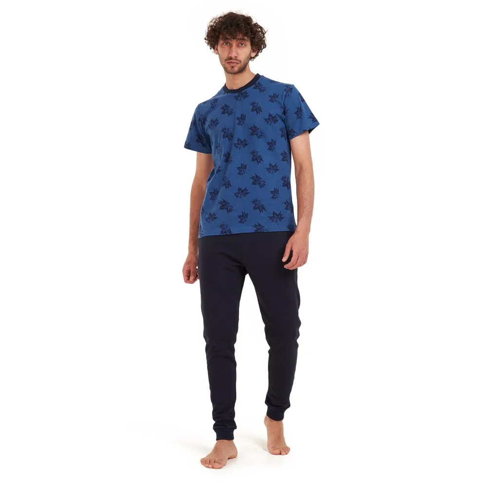 Men summer pajama set Black leaves T-shirt  Dark blue pants