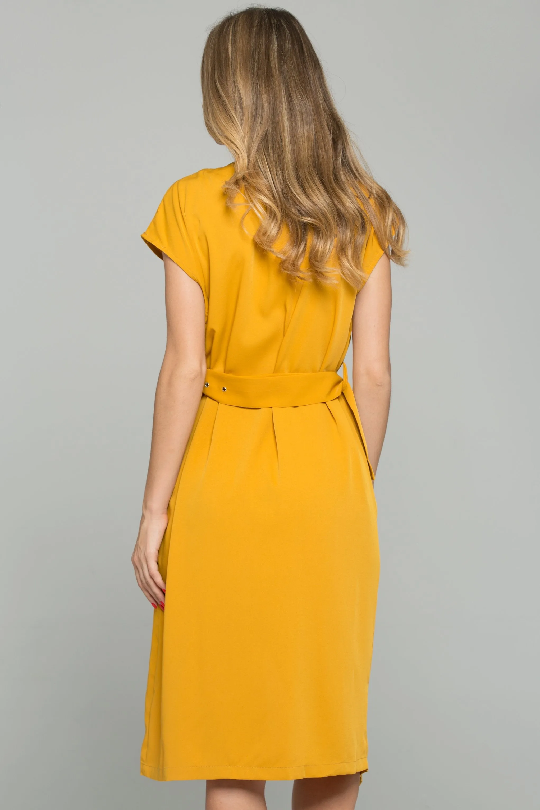 Mustard Cotton Zipper Turn Down Collar Shift Belted Dress Shirt