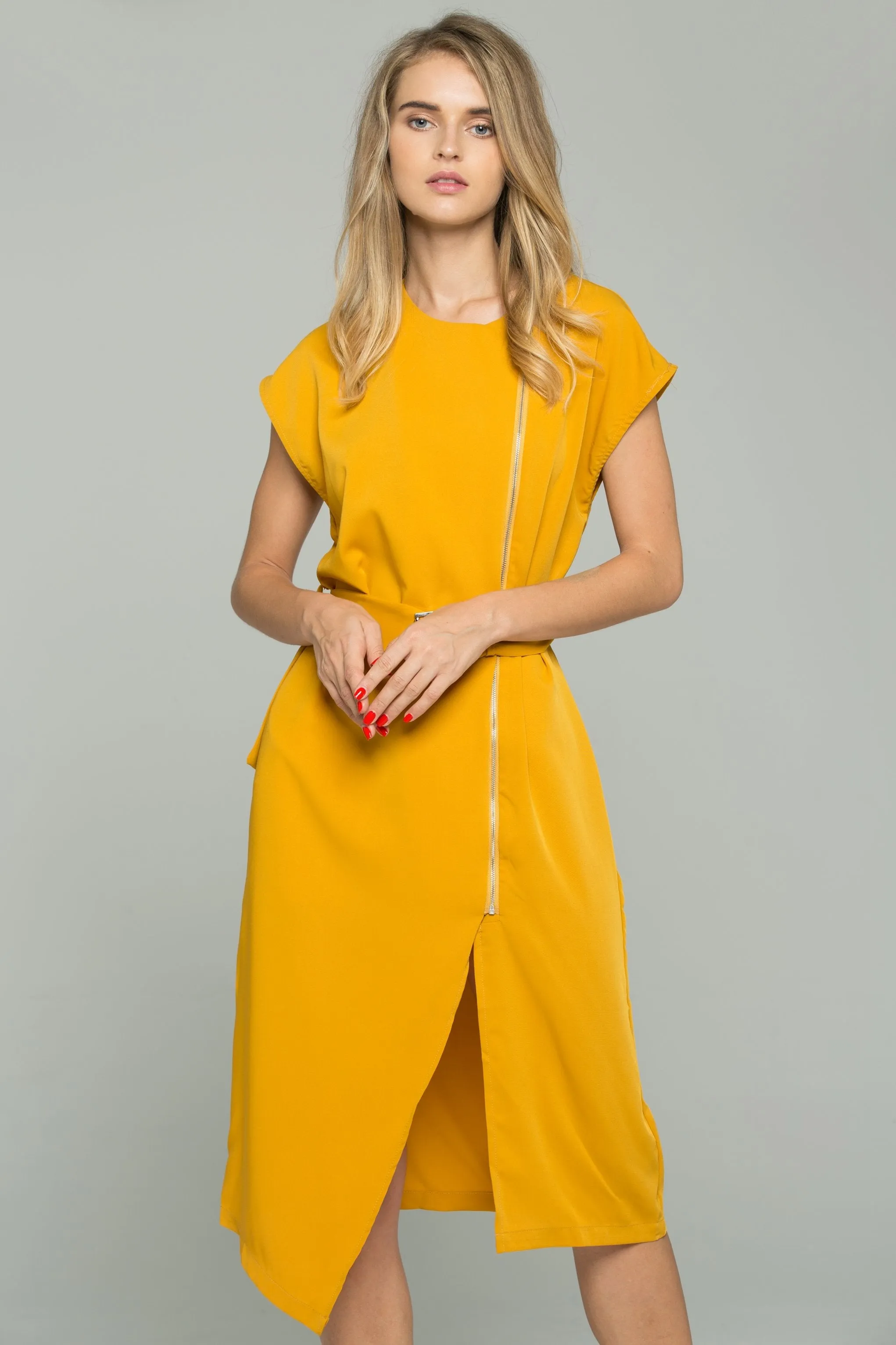 Mustard Cotton Zipper Turn Down Collar Shift Belted Dress Shirt
