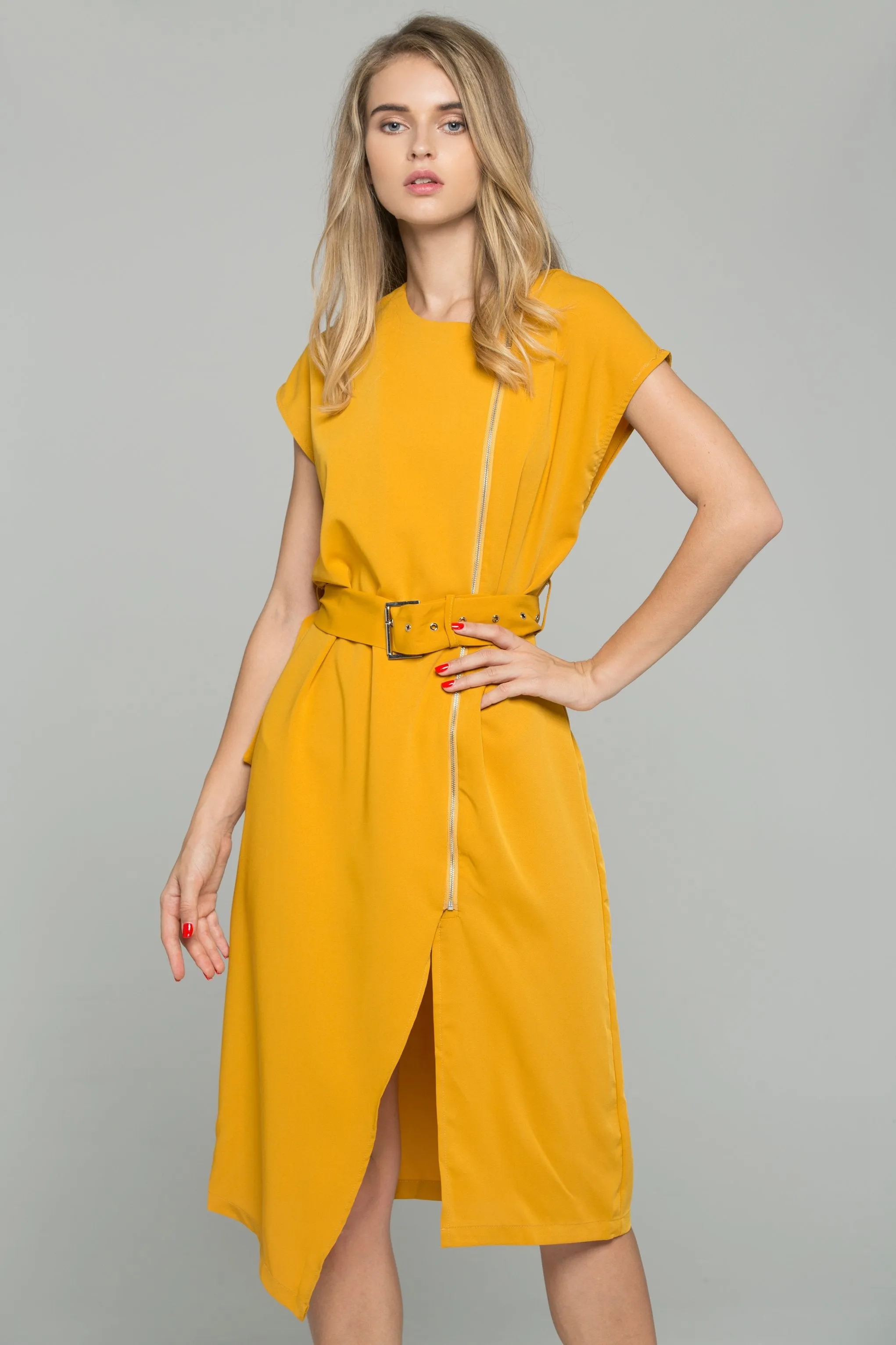Mustard Cotton Zipper Turn Down Collar Shift Belted Dress Shirt