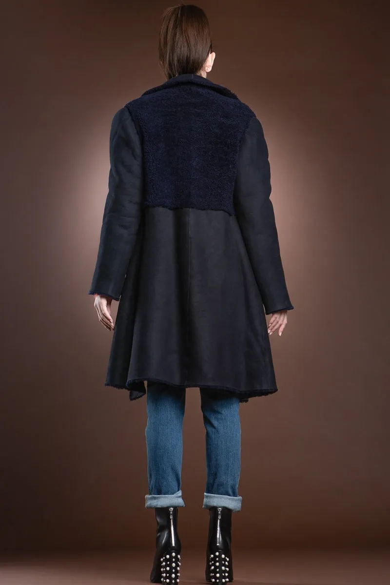 Navy Blue Double Faced Mid-Length Shearling Coat