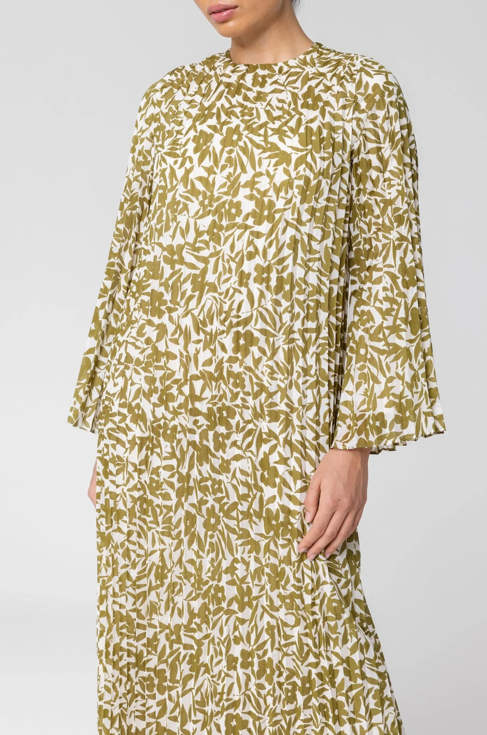 Pleated Printed Shift Maxi Dress -Avocado