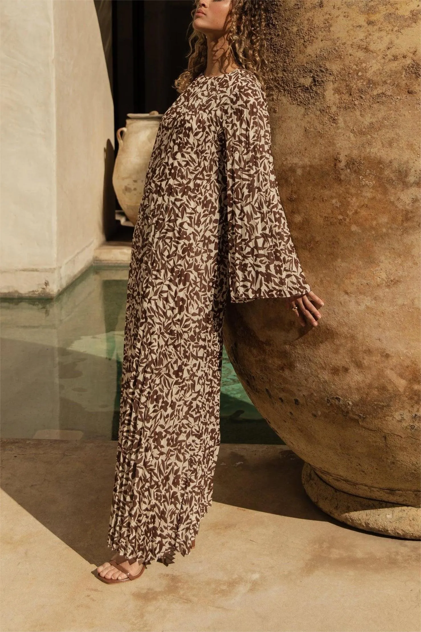 Pleated Printed Shift Maxi Dress -Avocado