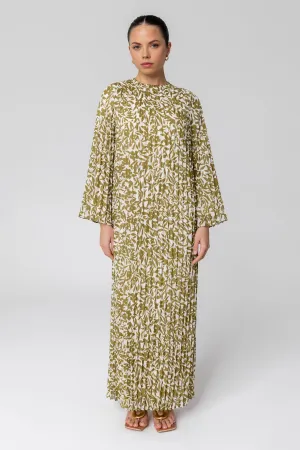 Pleated Printed Shift Maxi Dress -Avocado