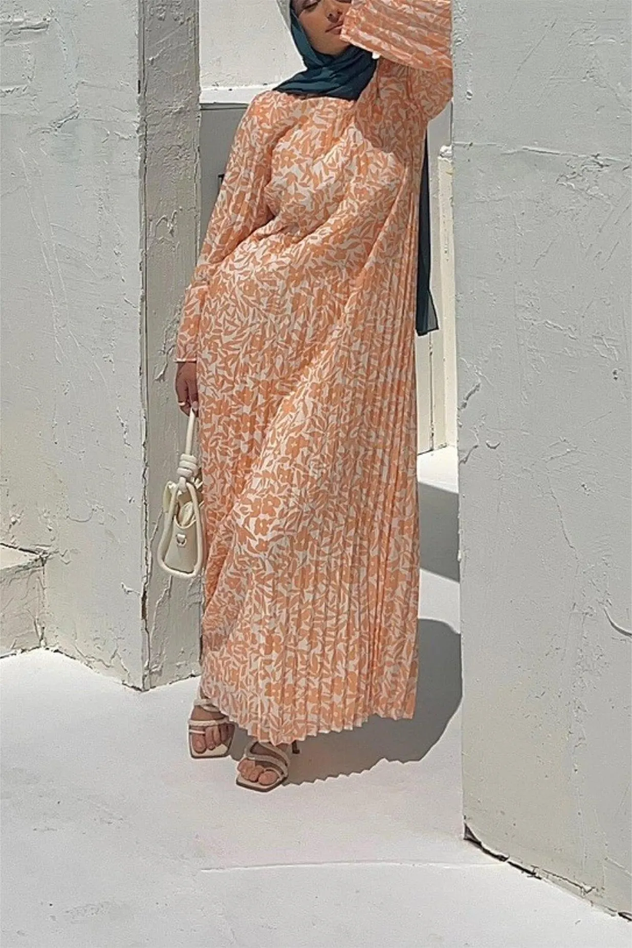 Pleated Printed Shift Maxi Dress -Brown