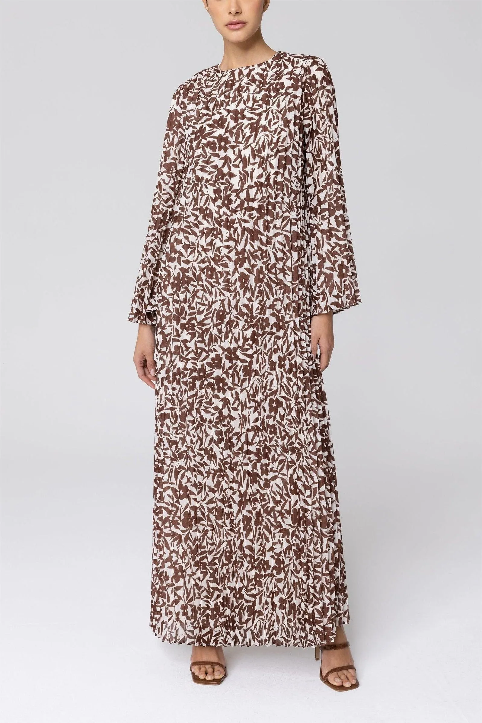 Pleated Printed Shift Maxi Dress -Brown
