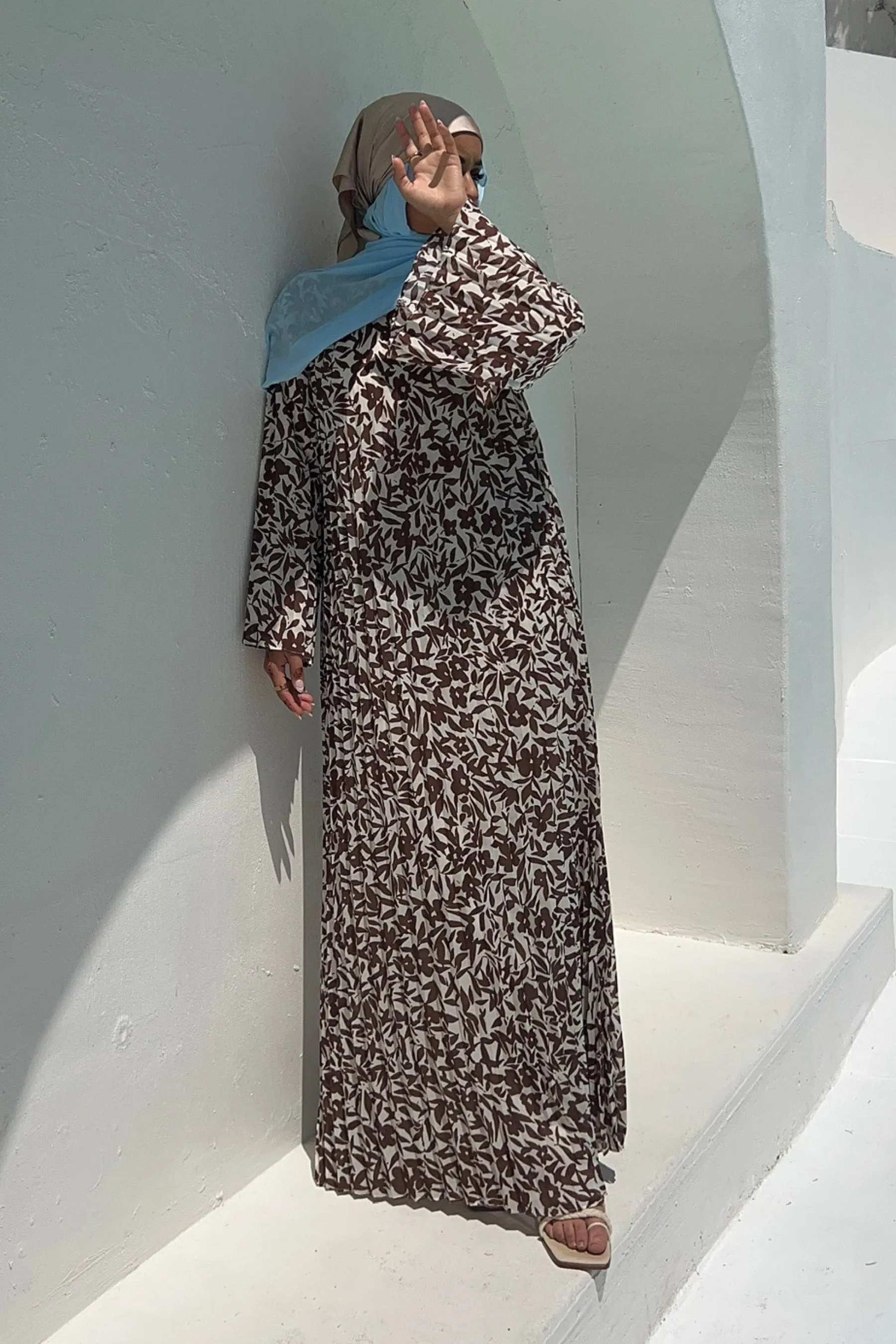 Pleated Printed Shift Maxi Dress -Brown