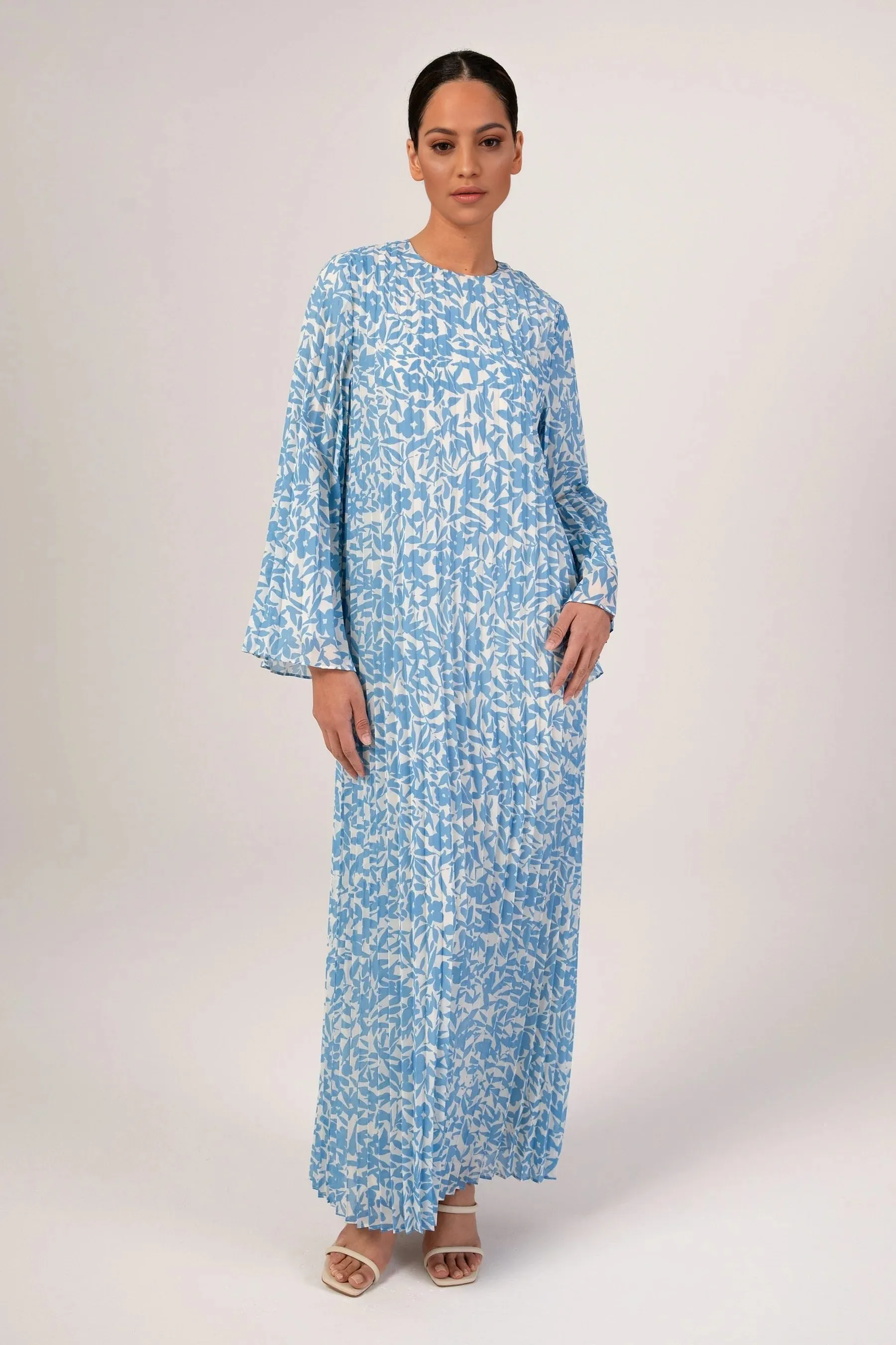 Pleated Printed Shift Maxi Dress -Brown