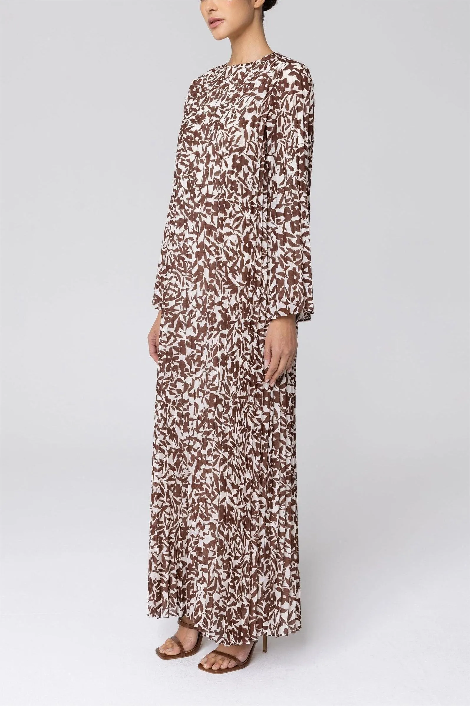 Pleated Printed Shift Maxi Dress -Brown