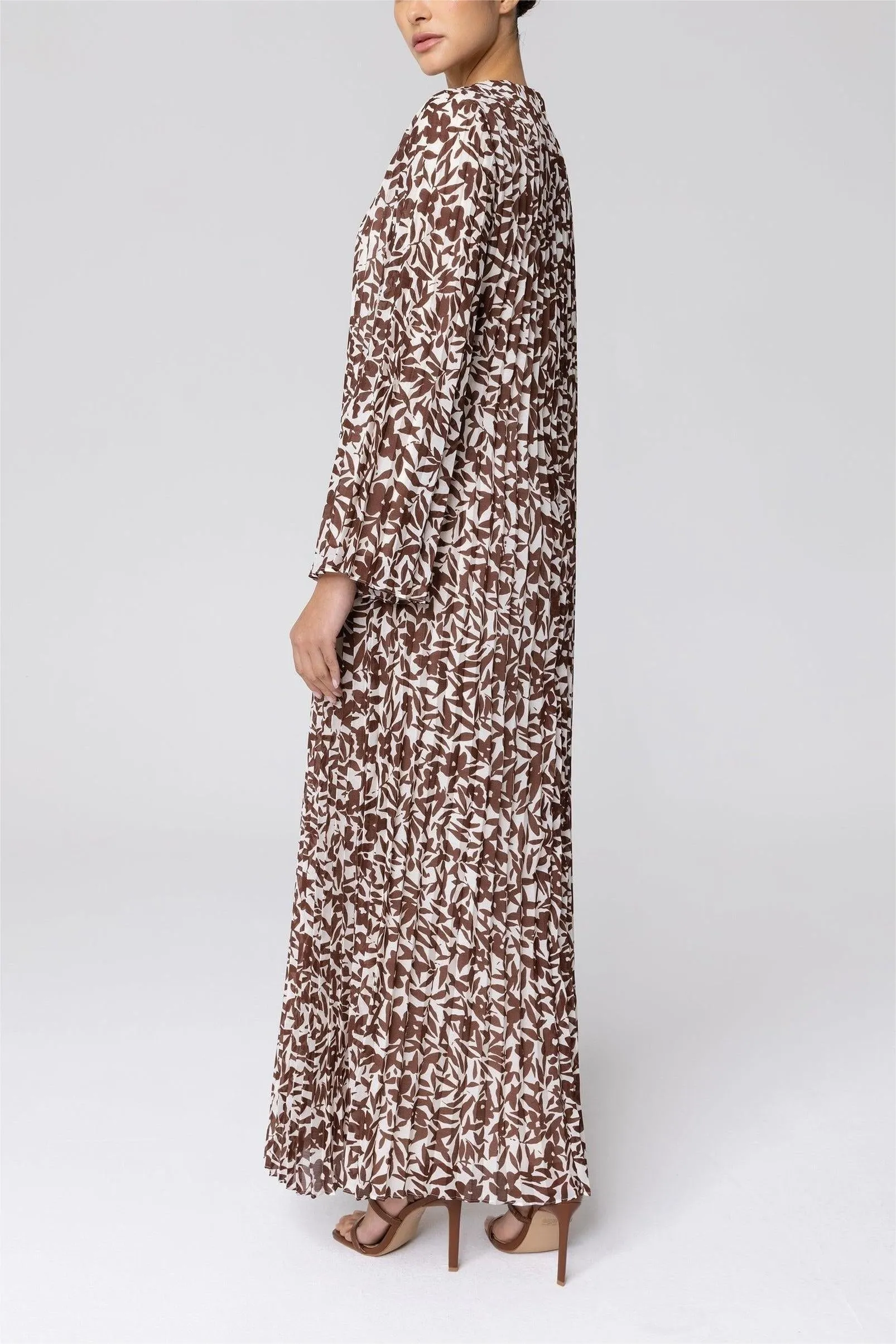 Pleated Printed Shift Maxi Dress -Brown